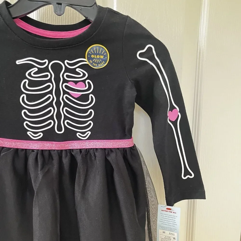 Cat & Jack Black Skeleton Halloween Tulle Dress Glows In The Dark Girls 3T NWT